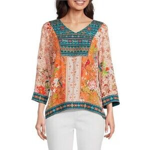 John Mark Women's Size 1X Floral & Bird Print Embroidered Popover Tunic Top NWT